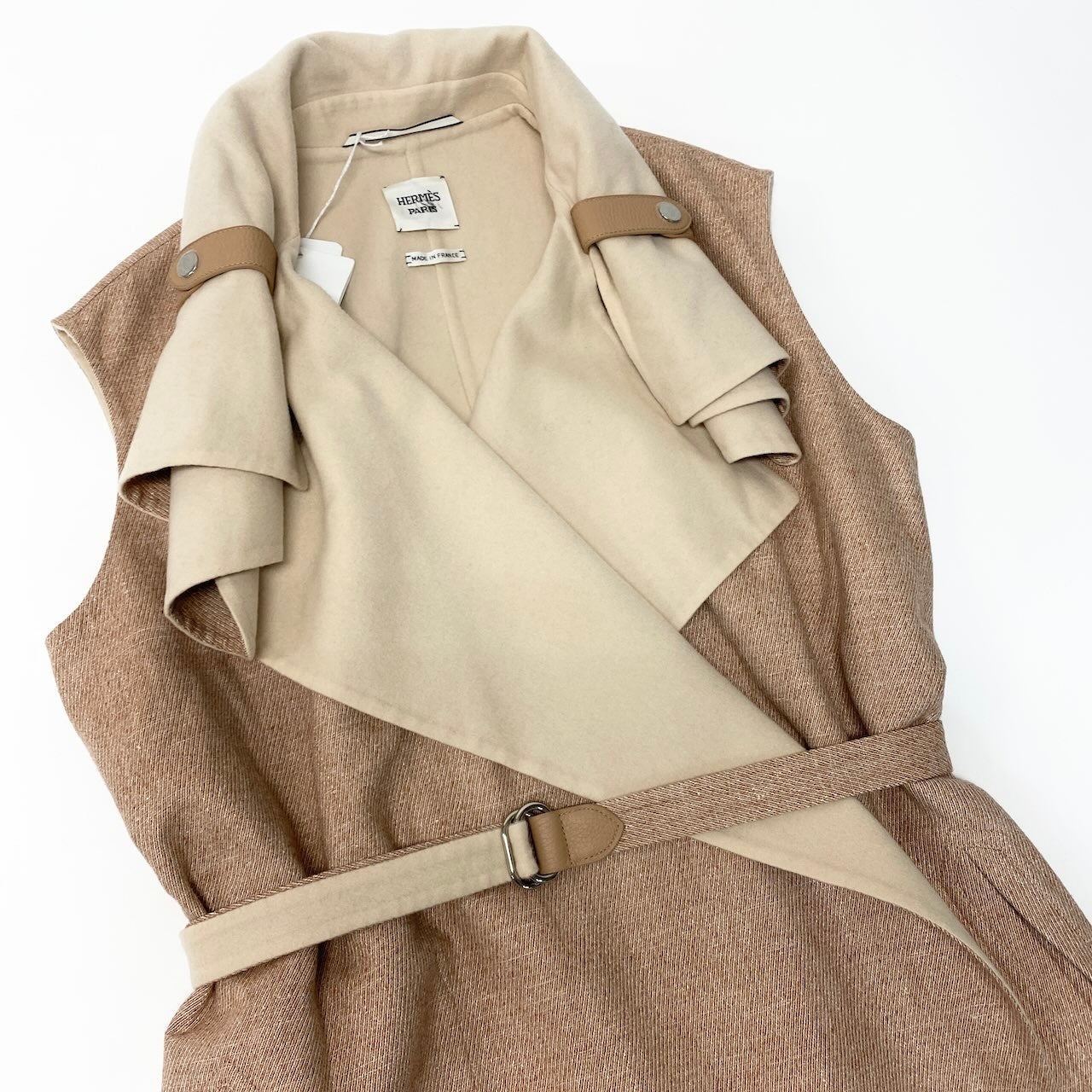 E 【未使用保管品】 タグ付 HERMES エルメス ダブルフェイス ラップコート スリーブレス ロングコート 38 ピンクベージュ カシミヤ レディースnu1