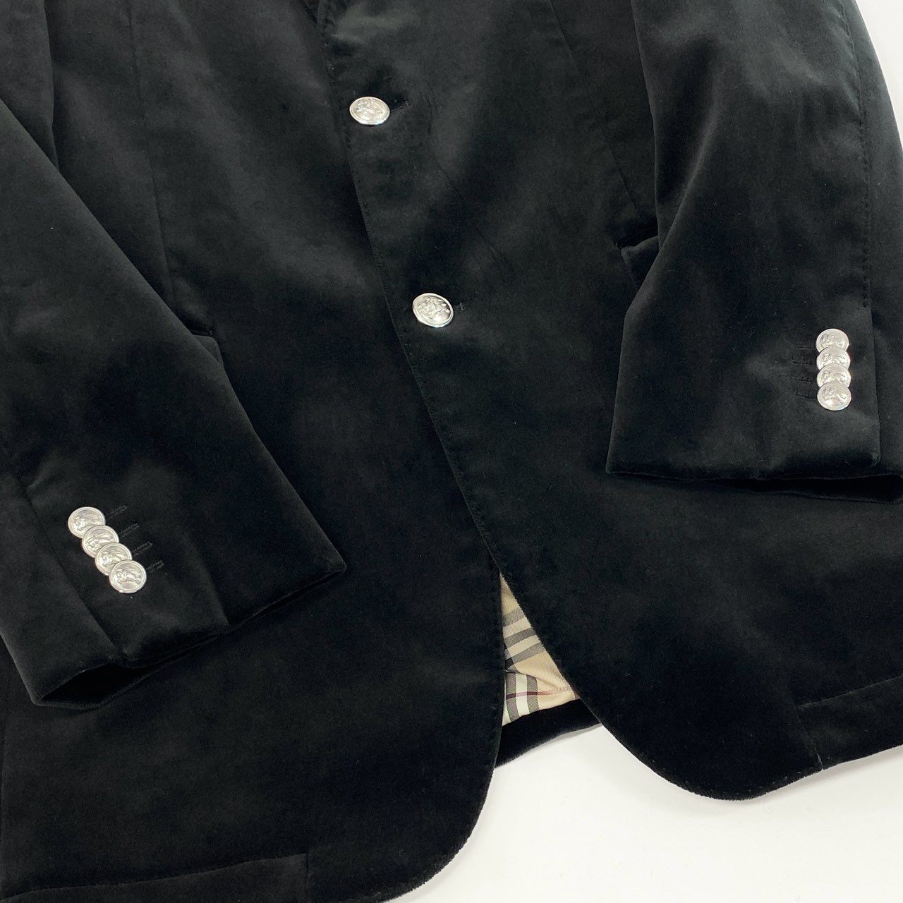 62g18 BURBERRY BLACK LABEL バーバリーブラックレーベル 裏地ノバチェック ベロア テーラードジャケット ブレザー ピークドラペル 大きいサイズ LL ブラック メンズ