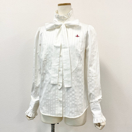 48e12 Vivienne Westwood Red Label ヴィヴィアンウエストウッド レッドレーベル オーブ刺繍 フリルブラウス 長袖シャツ ストライプ サイズ02 ホワイト レディース 女性用 トップス