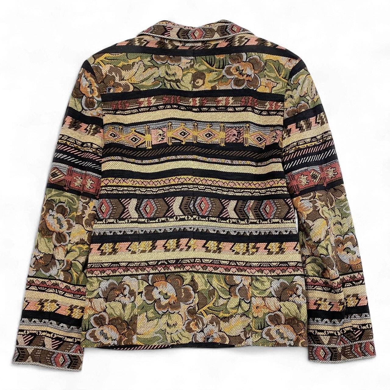 2k19《美品》 LEONARD FASHION レオナール テーラードジャケット 中綿ジャケット 総柄 美しい花柄プリント ウールシルク混 レディース 女性用 M マルチカラーu02t