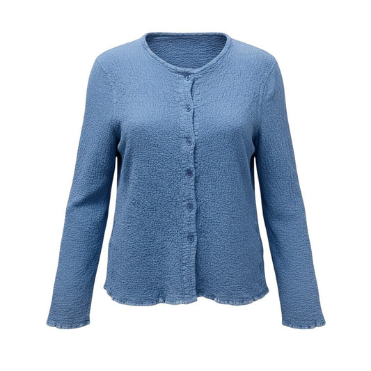 39b13 ISSEY MIYAKE me イッセイミヤケ ミー カリフラワーカーディガン ノーカラージャケット しわ加工 MI72FO449 ブルー レディースu02t