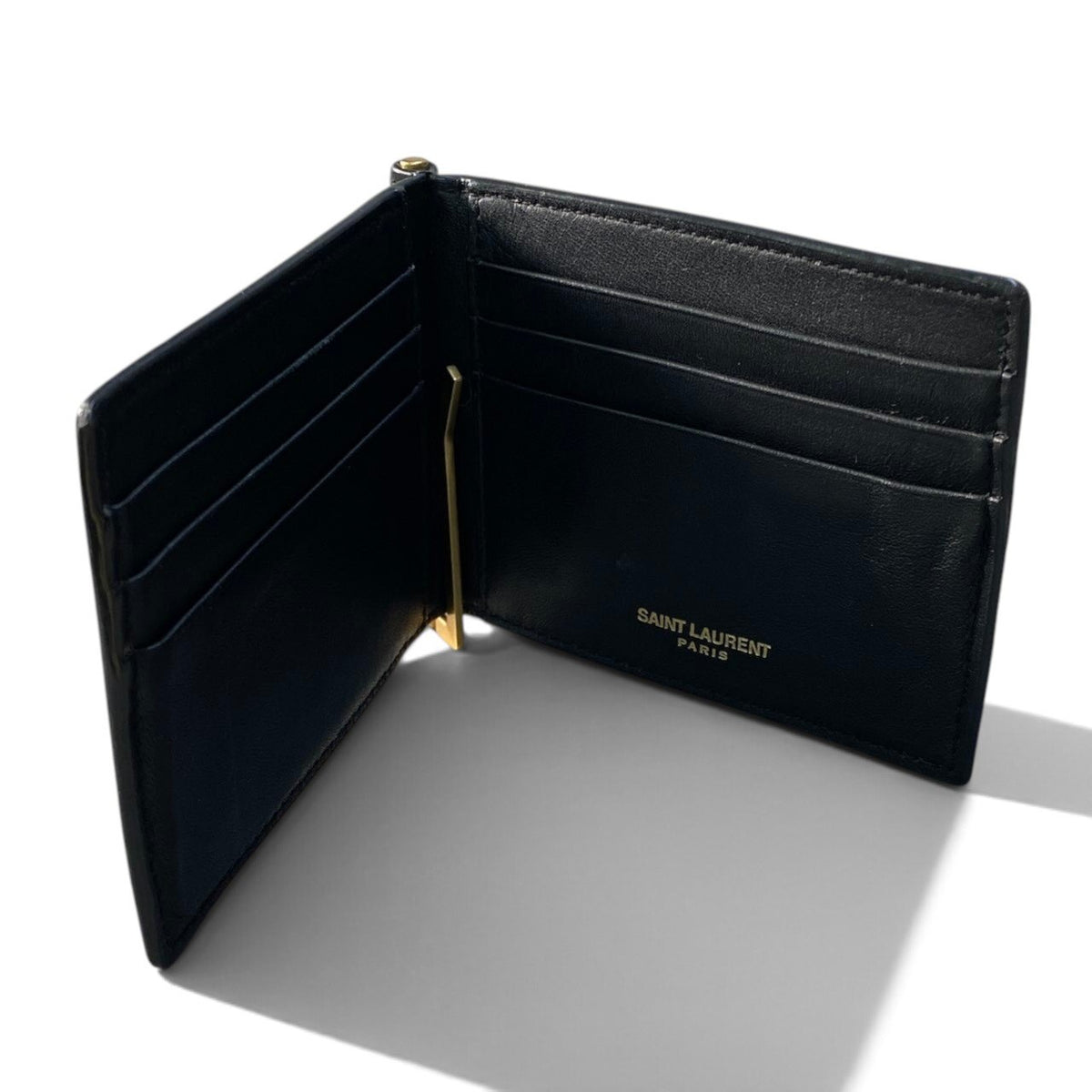 i14 SAINT LAURENT サンローラン YSL クロコ型押し マネークリップ カードケース YSL Logo Crocodile-Embossed Leather Money Clip Black 財布t18r