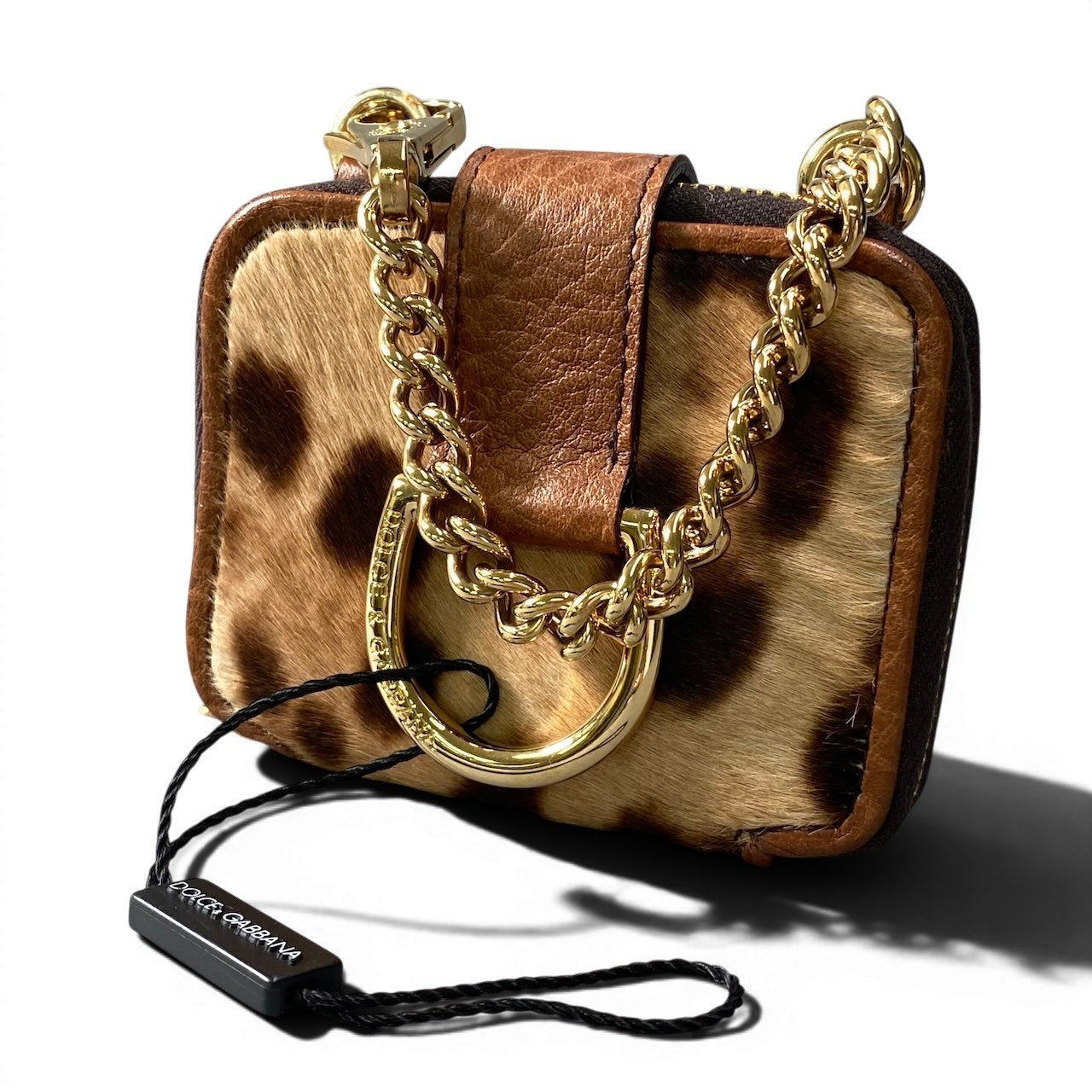 f10 【未使用タグ付】 DOLCE&GABBANA ドルチェアンドガッバーナ レオパード柄 ハラコチャーム 小物ケース ミラー付 ブラウン ベージュ ゴールド レディース 女性用