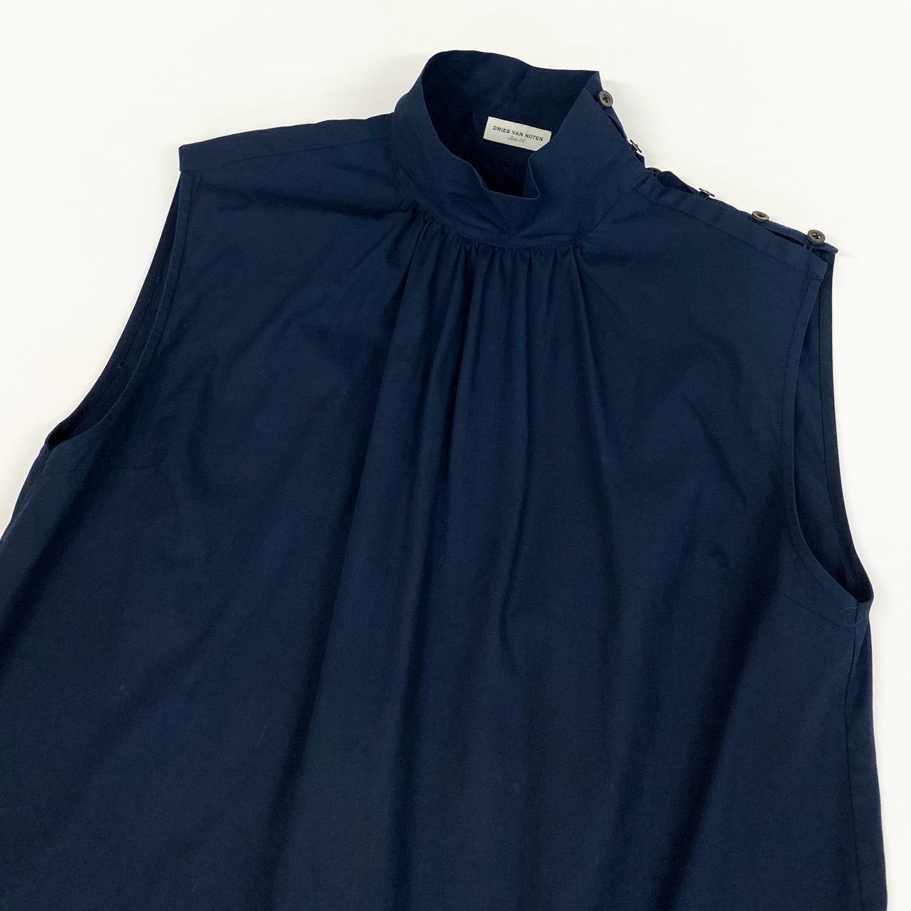 Ab22 DRIES VAN NOTEN ドリスヴァンノッテン ハイネック ノースリーブワンピース 裾フリル レディース 女性服 サイズ36 ネイビー コットン100％u02t