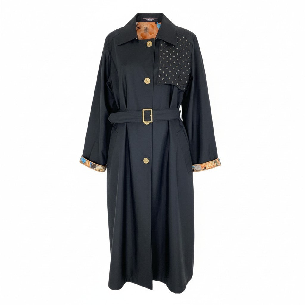 31b11【美品】LEONARD レオナール トレンチコート 美しい花柄プリント ラインストーン 金ボタン 0388450 13Rサイズ ブラック コットン100％ レディース 女性用u02t