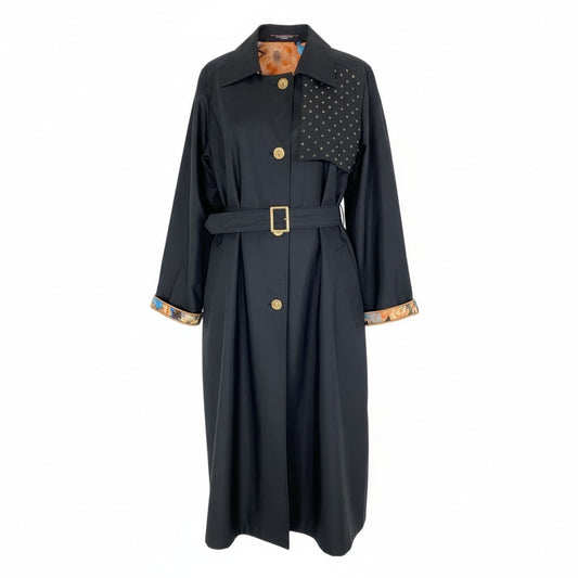 31b11【美品】LEONARD レオナール トレンチコート 美しい花柄プリント ラインストーン 金ボタン 0388450 13Rサイズ ブラック コットン100％ レディース 女性用u02t