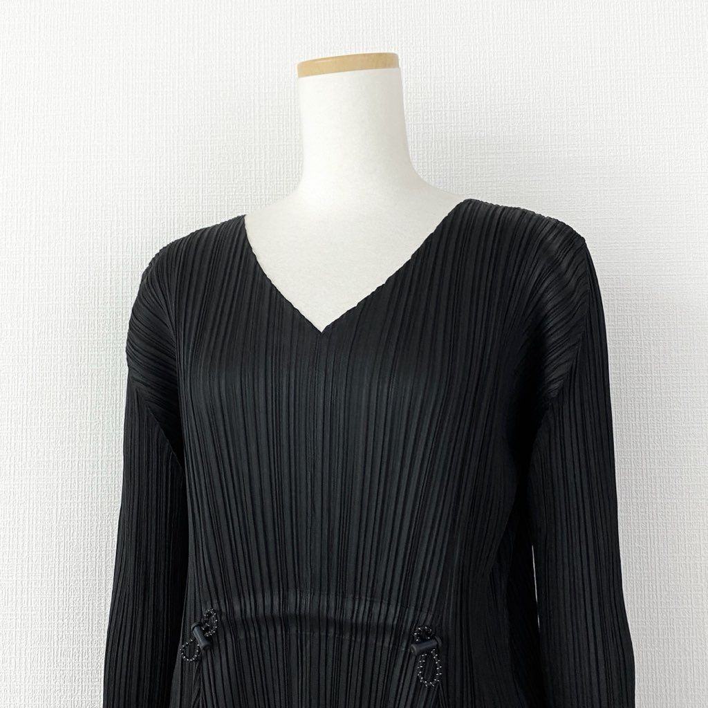 33d10-2 《美品》 PLEATS PLEASE プリーツプリーズ ドローコード付き 長袖ロングワンピース PP01-JH604 3 ブラック レディース