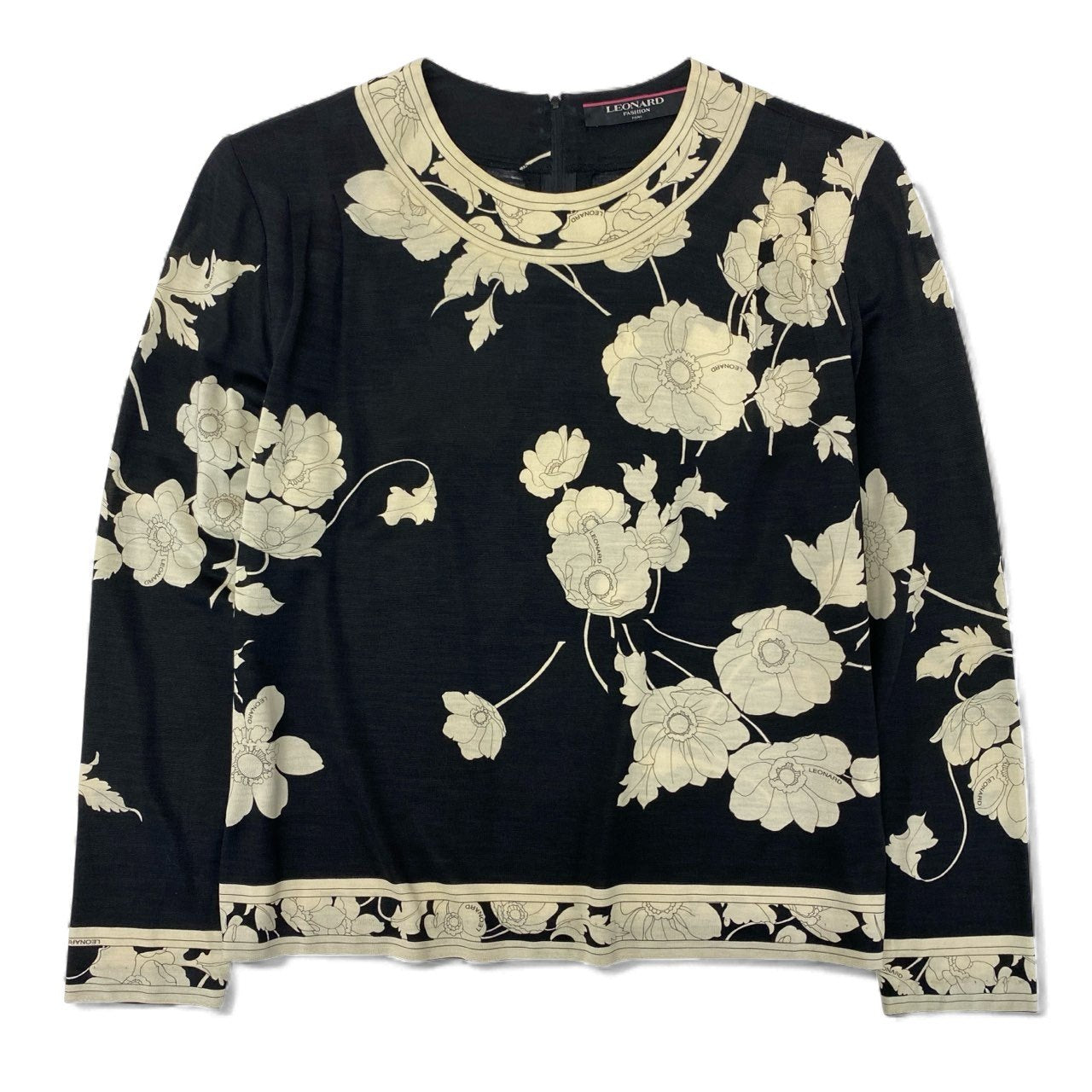 19k10 LEONARD レオナール 長袖カットソー クルーネック 花柄 0389991 Mサイズ ブラック アイボリー レディースu02t