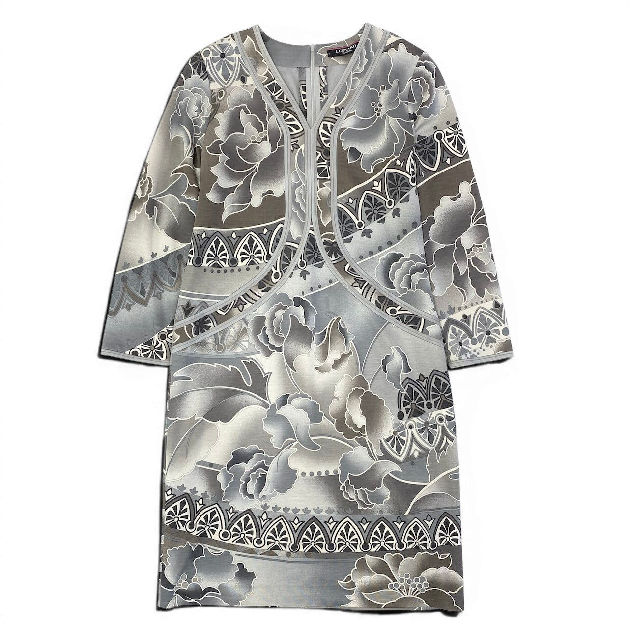 67e7 LEONARD FASHION レオナール Vネック ロングワンピース 花柄プリント 総柄 シルクウール混 サイズ42 マルチカラー レディース 女性服o07t