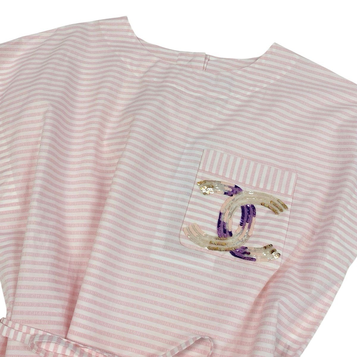 Ce29 《未使用品》 定価60万 CHANEL シャネル 24C ココマーク スパンコール ボーダーシャツ 24C Coco Rose Blanc Blouse Top P76405 42 ピンク タグ付t18r