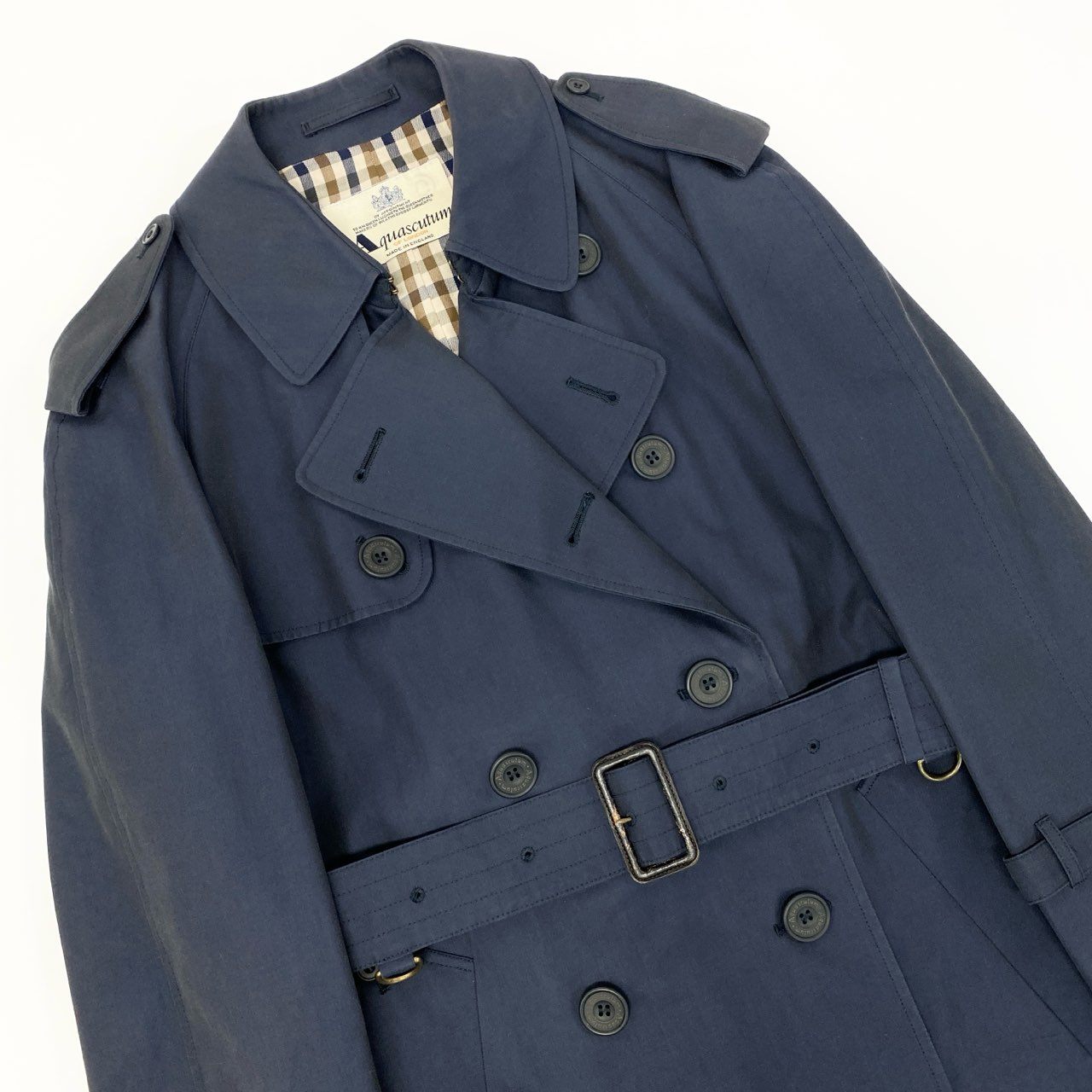 51Ⅼ2 Aquascutum OF LONDON アクアスキュータム 英国製 トレンチコート ロングコート 裏地チェック柄 メンズ 紳士服 ネイビー コットン100％u02t