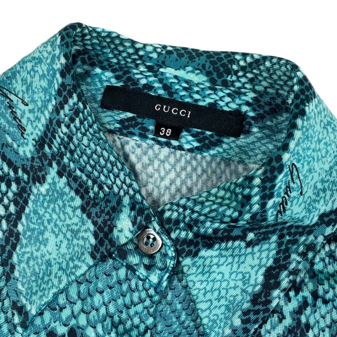 Ei20 GUCCI グッチ 2000 トムフォード期 Y2K パイソン柄 長袖シャツイタリア製 38 ブルー レーヨン レディースo07t