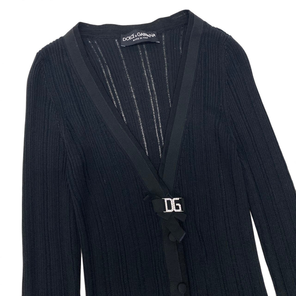 53i26 DOLCE&GABBANA ドルチェアンドガッパーナ ロングスリーブニットカーディガン DGロゴ ラインストーン 38サイズ ブラック レディース 女性用u02t