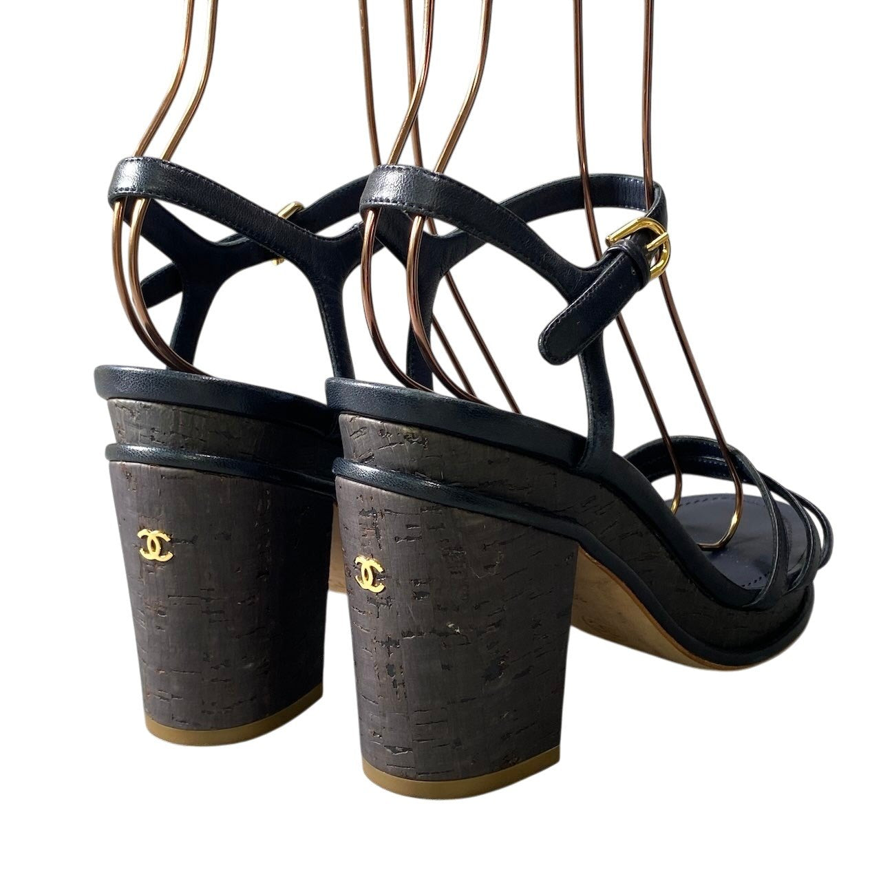g7【美品】CHANEL ココマーク ストラップサンダル イタリア製 38サイズ ネイビー レザー レディース 女性用k02i