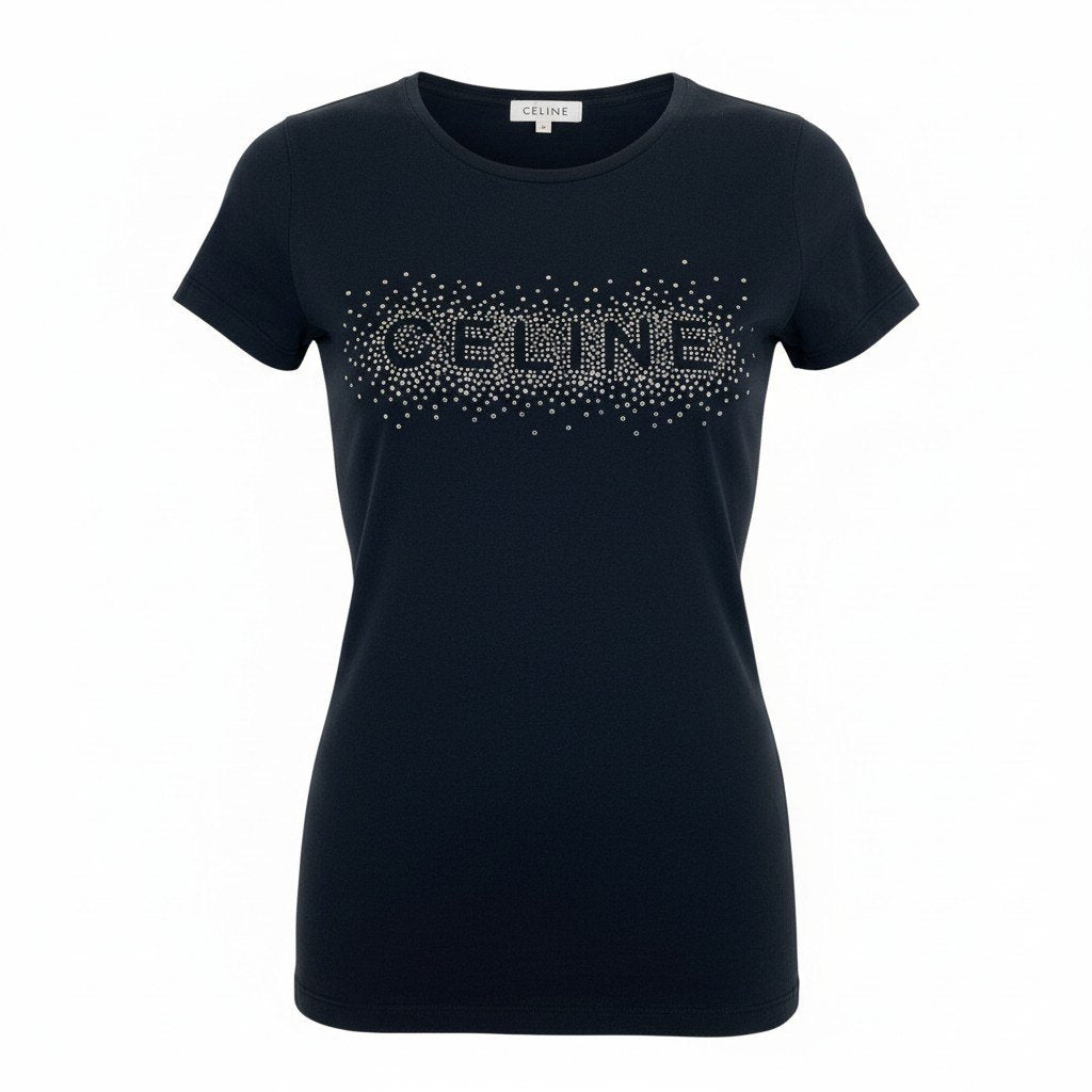 Ic27 CELINE セリーヌ ラインストーンロゴTシャツ 半袖Tシャツ ストレッチ素材 トップス Sサイズ ブラック レディース 女性用u02t