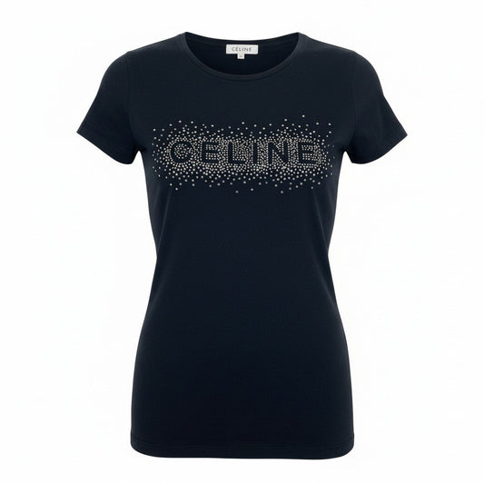 Ic27 CELINE セリーヌ ラインストーンロゴTシャツ 半袖Tシャツ ストレッチ素材 トップス Sサイズ ブラック レディース 女性用u02t