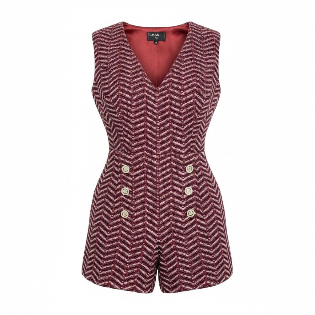 56a14 CHANEL シャネル P59404 2018 ココマークボタン ツイード ショートサロペット オールインワン トップス サイズ36 ボルドー系 レディースta1