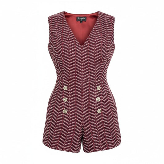 56a14 CHANEL シャネル P59404 2018 ココマークボタン ツイード ショートサロペット オールインワン トップス サイズ36 ボルドー系 レディースta1