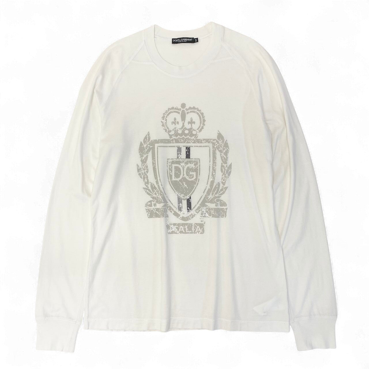 55d30 DOLCE&GABBANA ドルチェアンドガッパーナ ロングスリーブ プリントTシャツ フロントロゴ クルーネックカットソー サイズ54 ホワイト コットン100％ メンズ 紳士服u02t