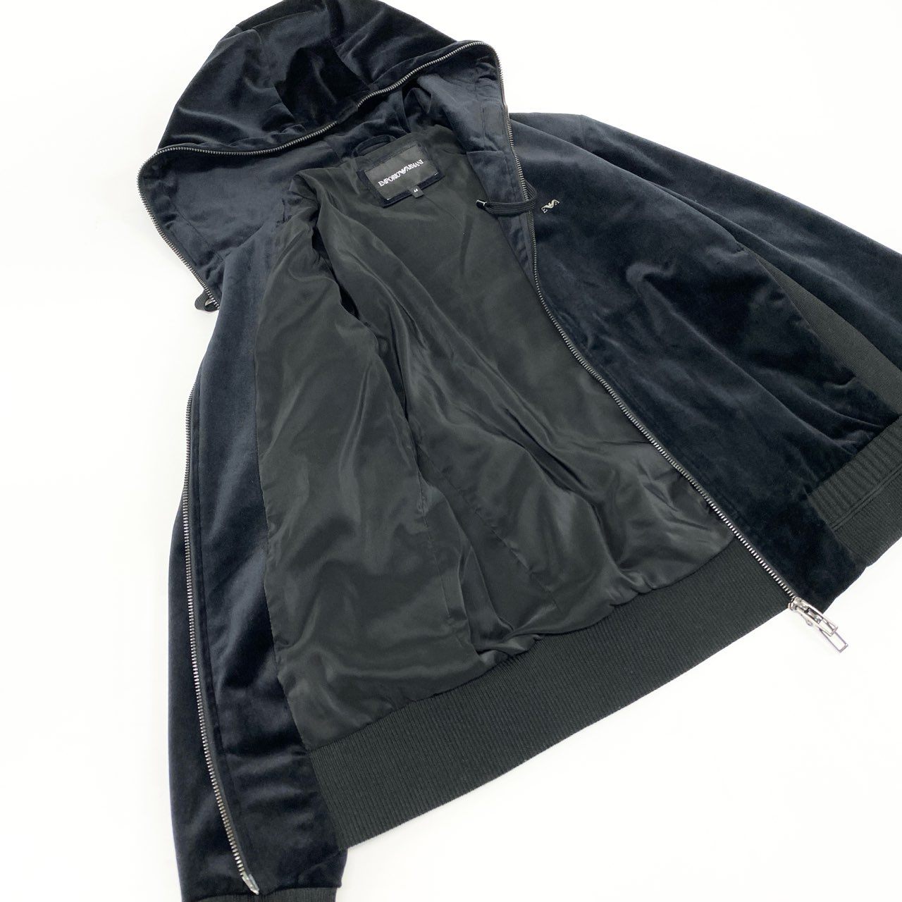 66k11 EMPORIO ARMANI エンポリオアルマーニ ベロア素材 ダブルジップパーカー ベルベットパーカー サイズ44 ブラック メンズ トップスk02i