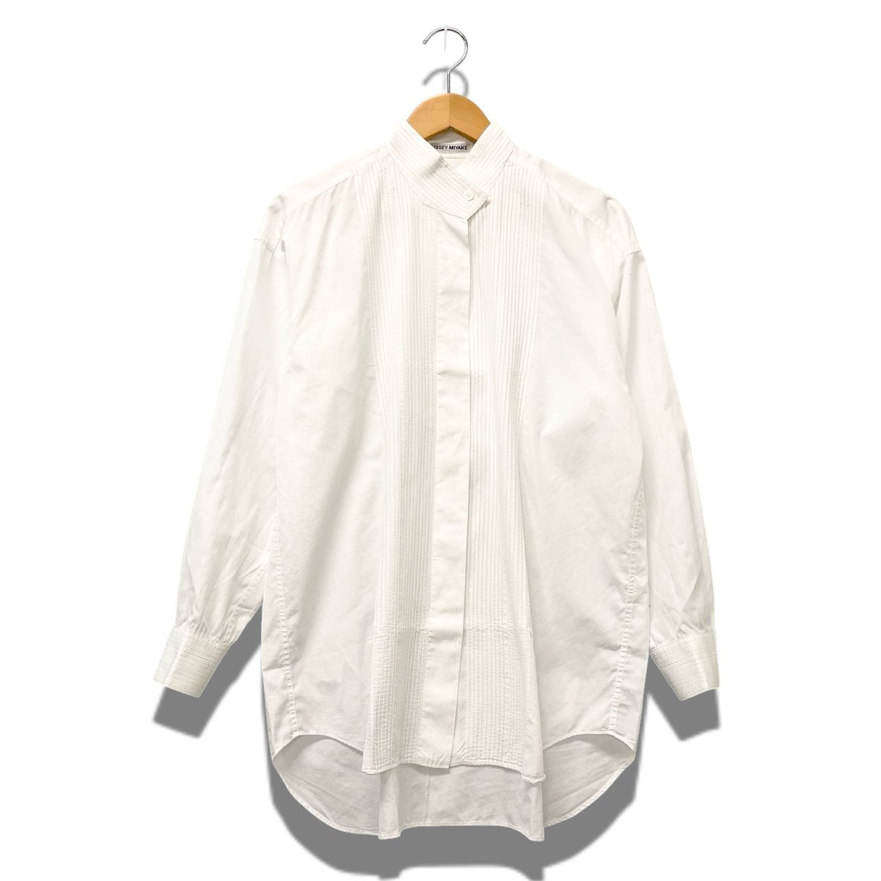59b17 ISSEY MIYAKE イッセイミヤケ バンドカラーシャツ プリーツシャツ タキシードシャツ ホワイト コットン100％ レディース 女性用u02t