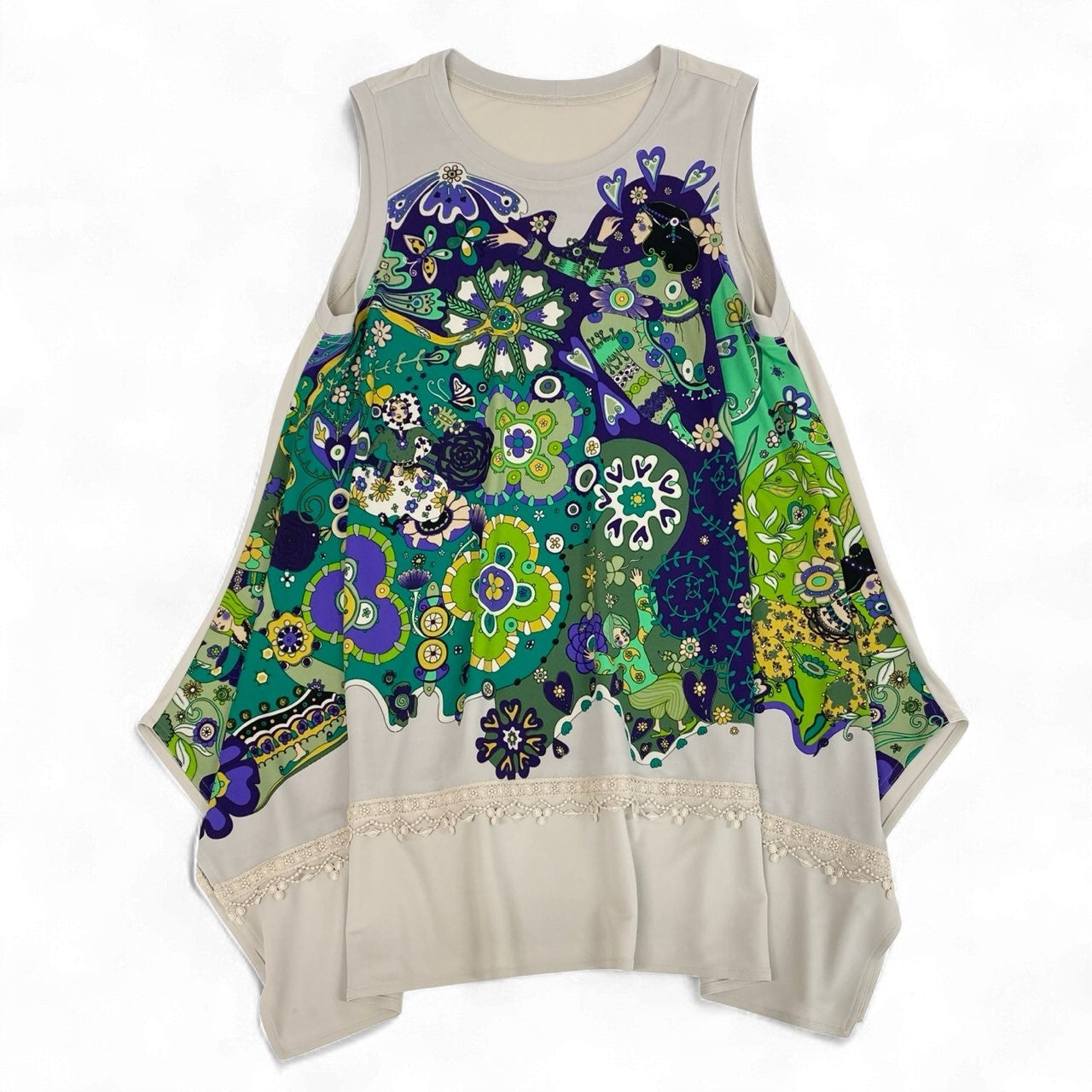 2k19《美品》 TOKUKO 1er VOL トクコプルミエヴォル チュニックワンピース ノースリーブ 裾変形デザイン プリント 刺繍 9 ベージュ レディースu02t