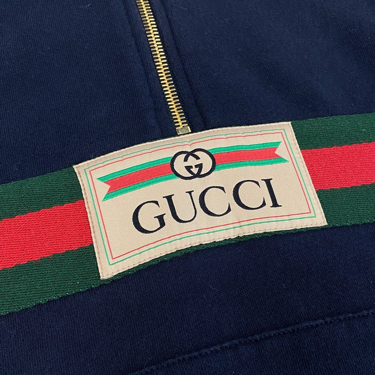 10a13 GUCCI グッチ ハーフジップ スウェットパーカー 長袖 フロントロゴ GGマーク シェリーライン イタリア製 メンズ 紳士服 XS ネイビー コットン100％o07t