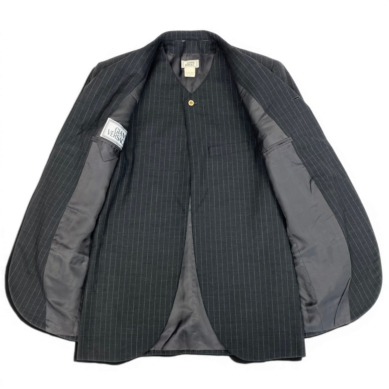 60e1 GIANNI VERSACE ジャンニ ヴェルサーチ テーラードジャケット ジレ セット ストライプ イタリア製 48サイズ グレー系 メンズ 男性用u02t