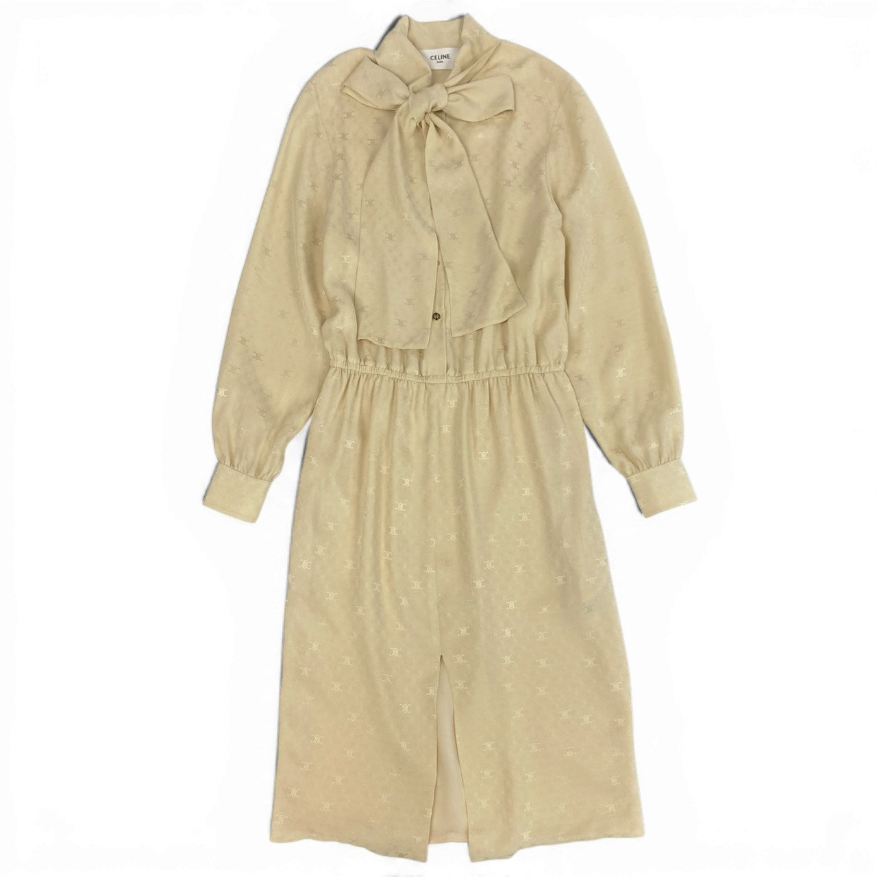 b23 CELINE セリーヌ ラヴァリエール トリオンフ柄 ボウタイ シルクワンピース ロングワンピース サイズ36 アイボリー レディース 女性用ta1