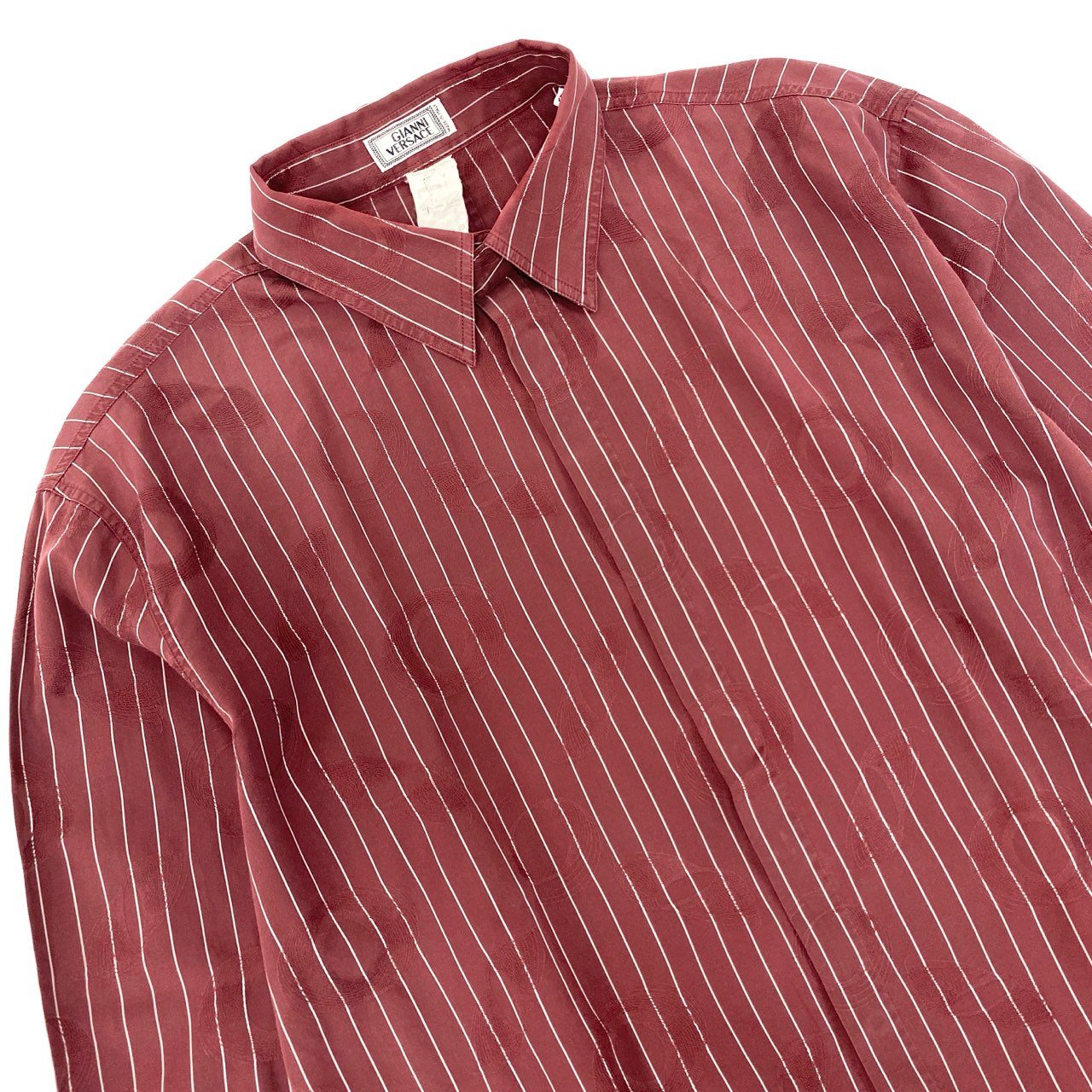 35j22 GIANNI VERSACE ジャンニヴェルサーチ 長袖シャツ ストライプ 透かし総柄模様 サイズ50 ボルドー コットン メンズ イタリア製u02t