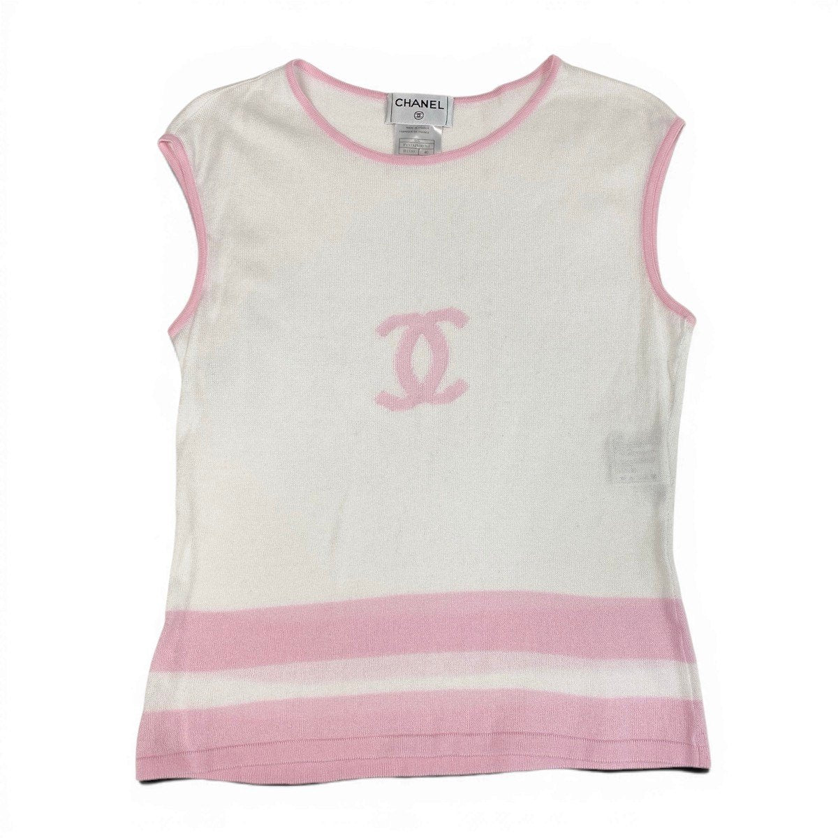 Cg19 CHANEL シャネル 2000年 ノースリーブ コットンニット トップ ココマーク P15734V00761 サイズ40 ピンク ホワイト レディースu02t