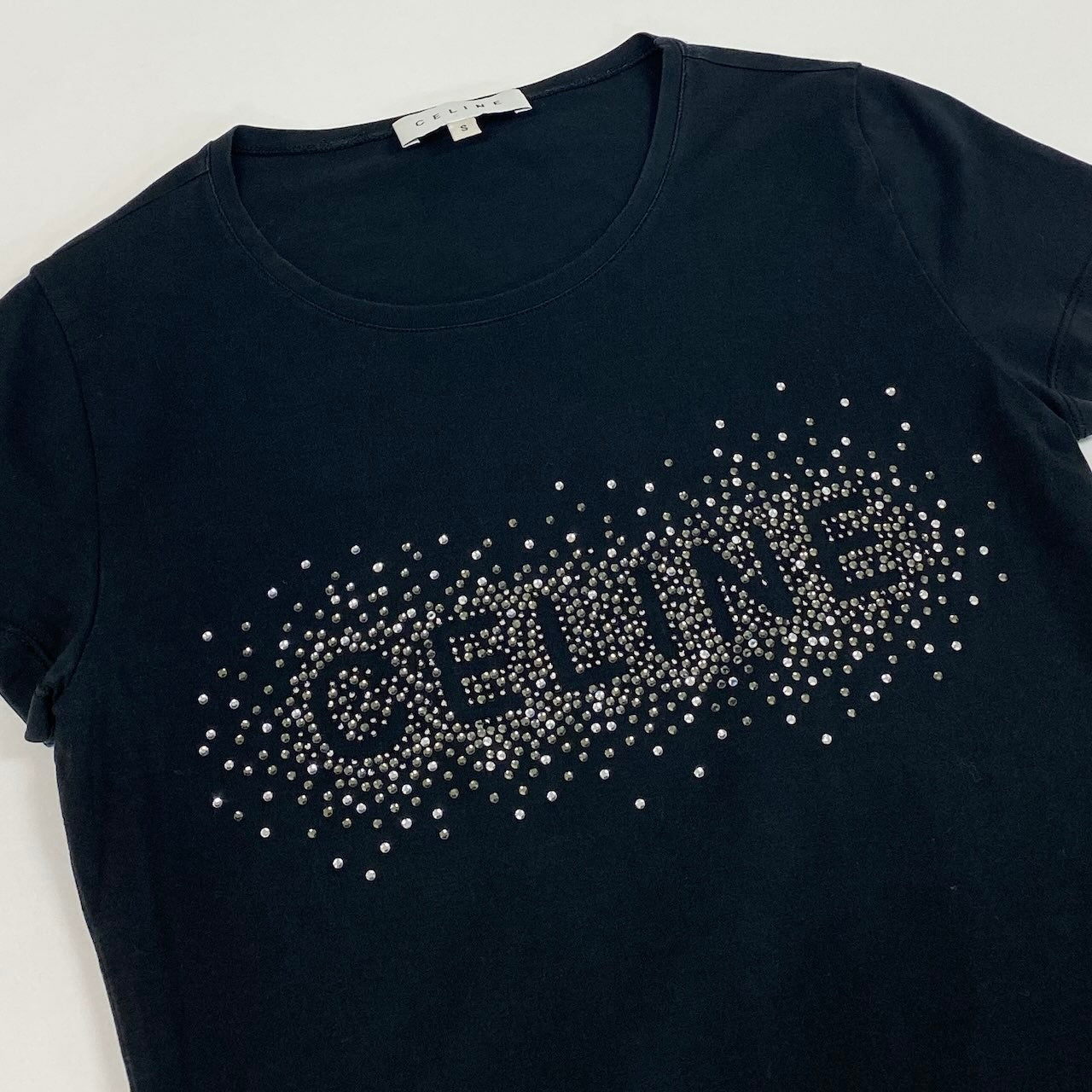 Ic27 CELINE セリーヌ ラインストーンロゴTシャツ 半袖Tシャツ ストレッチ素材 トップス Sサイズ ブラック レディース 女性用u02t