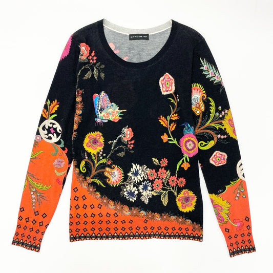 14j10 ETRO エトロ イタリア製 クルーネック ニットセーター 長袖 ロングスリーブ 花柄 鳥 蝶々  レディース 女性用 172-15641-9291 ブラック シルクカシミヤu02t