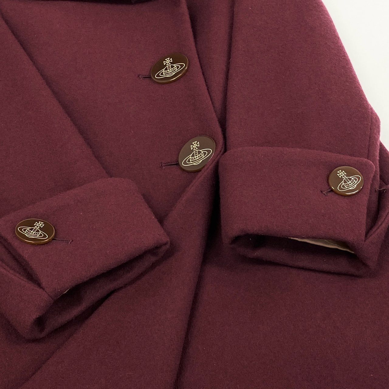 74i8 Vivienne Westwood RED LABEL ヴィヴィアンウエストウッド レッドレーベル オリゾンティ期 オーブボタン ラビットファー襟 ショートコート ジャケット 日本製 2 ボルドー ウール ナイロン レディースk02i