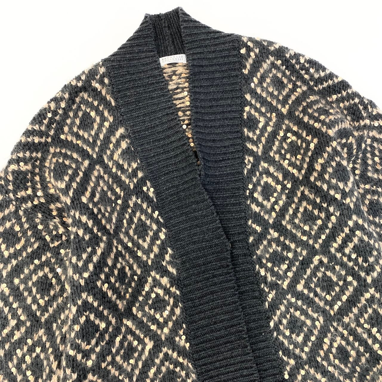 27e11 【美品】BRUNELLO CUCINELLI ブルネロクチネリ ニットカーディガン Vネック スパンコール ジオメトリックパターン イタリア製 XXSサイズ グレー オレンジ レディース 女性用u02t