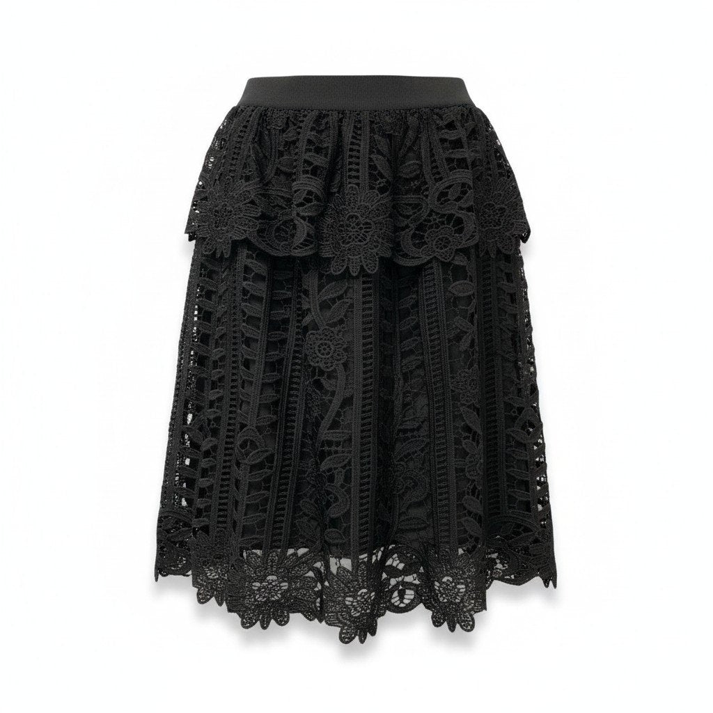 45c6 【美品】blugirl Blumarine ブルーガール ブルマリン フラワーモチーフレーススカート 膝丈スカート 3627 40サイズ ブラック ポリエステル100％ レディース 女性用u02t