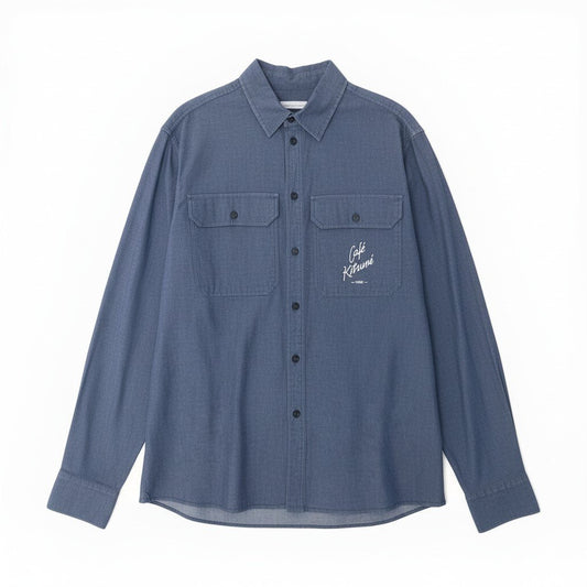 32c30 【新品保管品】MAISON KITSUNE メゾンキツネ × Cafe Kitsune カフェ キツネ ロングスリーブシャツ ロゴ刺繍 IM00473WC2009 XLサイズ インディゴ メンズ 男性用o07t
