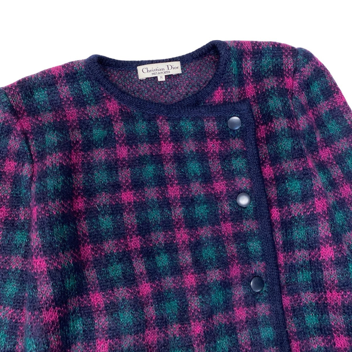 82h25 Christian Dior クリスチャンディオール ノーカラー ニットジャケット チェック柄 ウールブレンド M マルチカラー レディースo07t