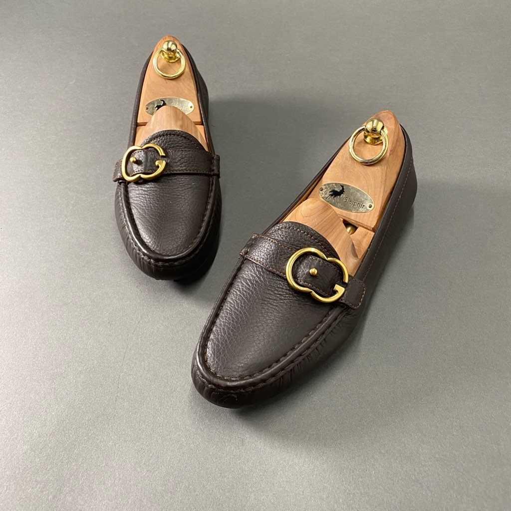 1d12 GUCCI グッチ GGベルト ローファー ドライビングシューズ 37 1/2 ブラウン レザー フラットシューズ イタリア製