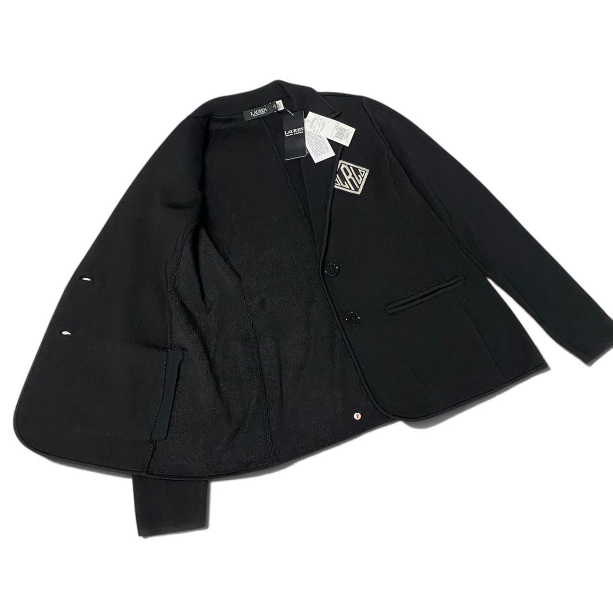 90j27 【タグ付】 LAUREN RALPH LAUREN ローレンラルフローレン 24年 テーラードジャケット アンコンジャケット ロゴワッペン サイズM ブラック レディースo07t