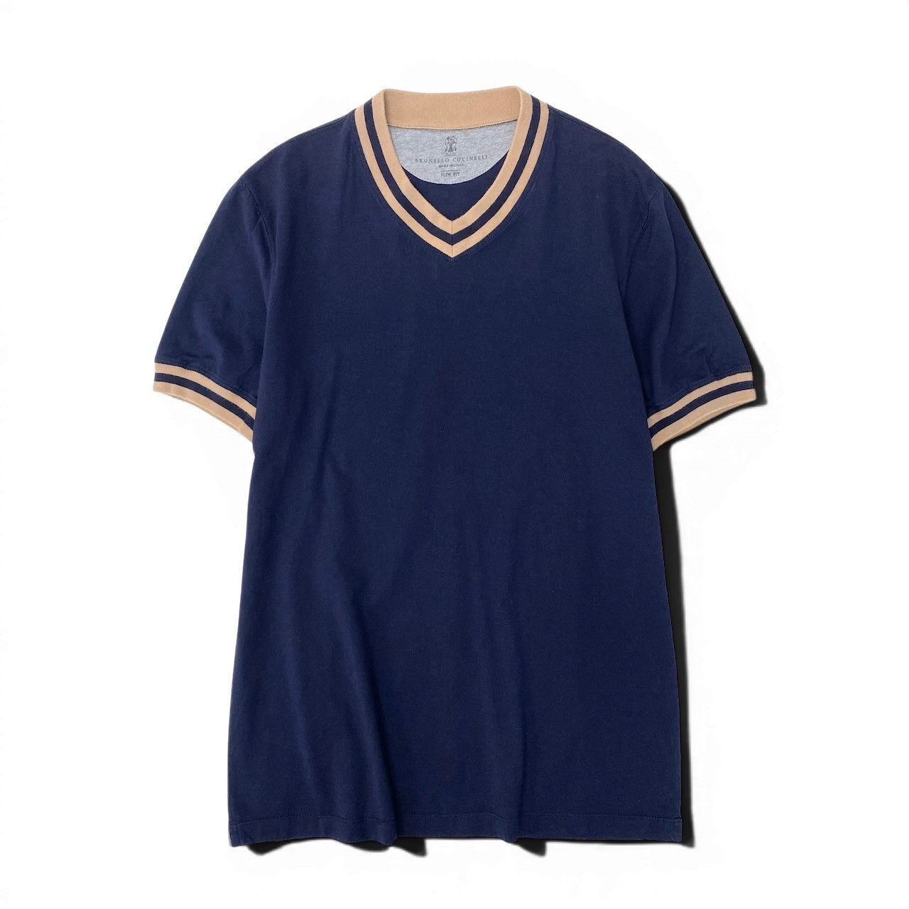 18e29 BRUNELLO CUCINELLI ブルネロクチネリ SLIM FIT リブネック 半袖Tシャツ カットソー サイズXS ネイビー ベージュ コットン100％ メンズ 紳士服o07t