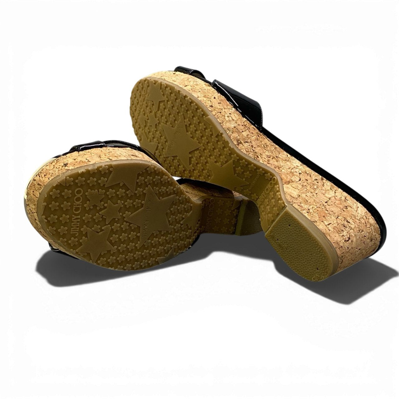 1b23 JIMMY CHOO ジミーチュウ エナメル クロスストラップ サンダル コルクウェッジサンダル レディース 女性靴 サイズ37 ブラックu02t