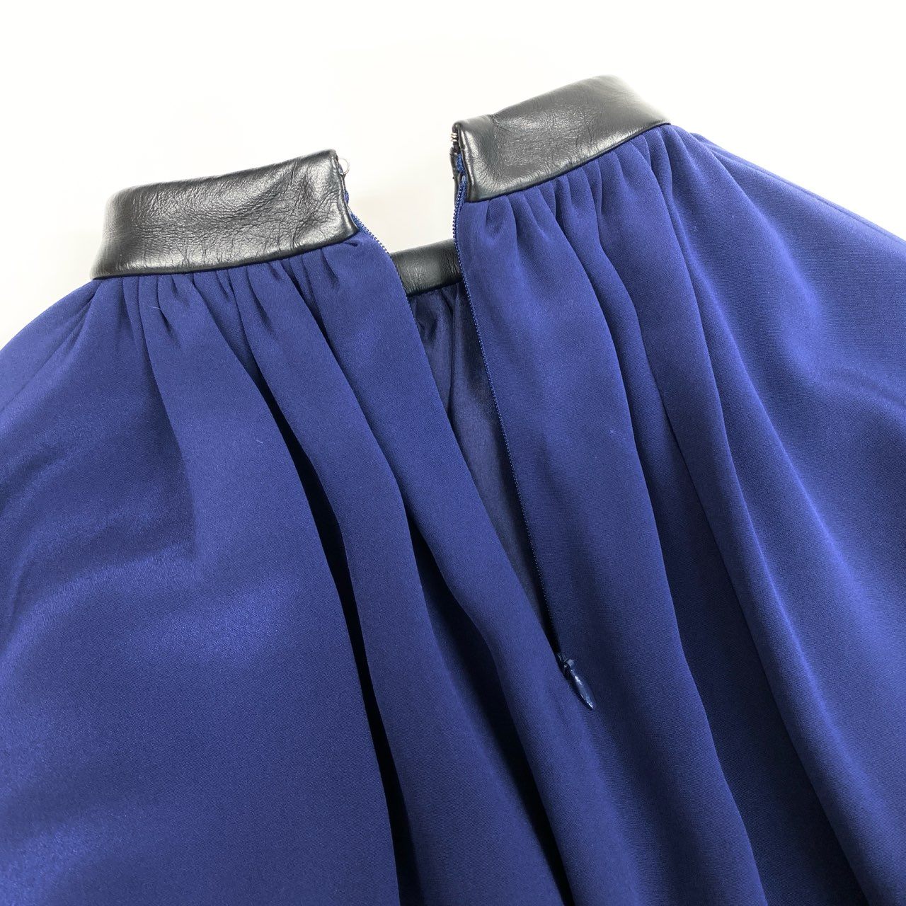 Eb10 CELINE セリーヌ フィービー期 レザーネック シルクワンピース ロングワンピース 長袖 36 ブルー シルク レディースk02i