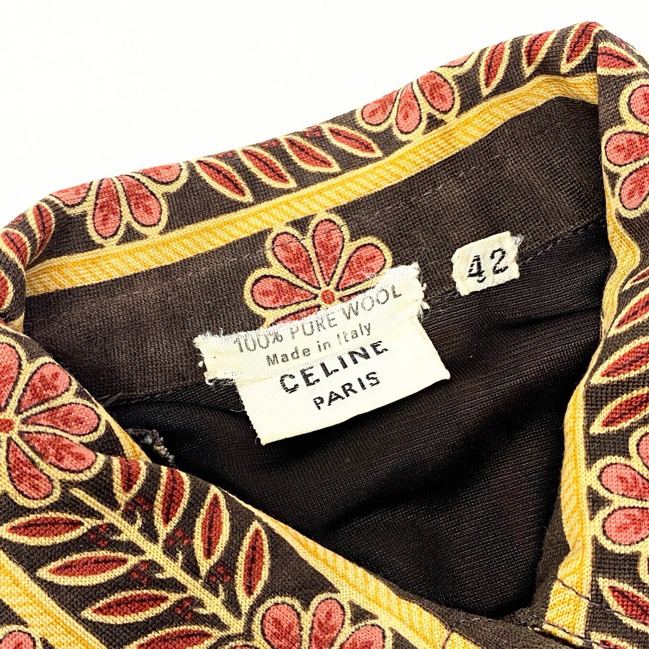 86a15 【Vintage 70'S】CELINE ヴィンテージ セリーヌ 1970年代 総柄ニットワンピース 襟付きワンピース サイズ42 ブラウン系 レディース 女性用k02i