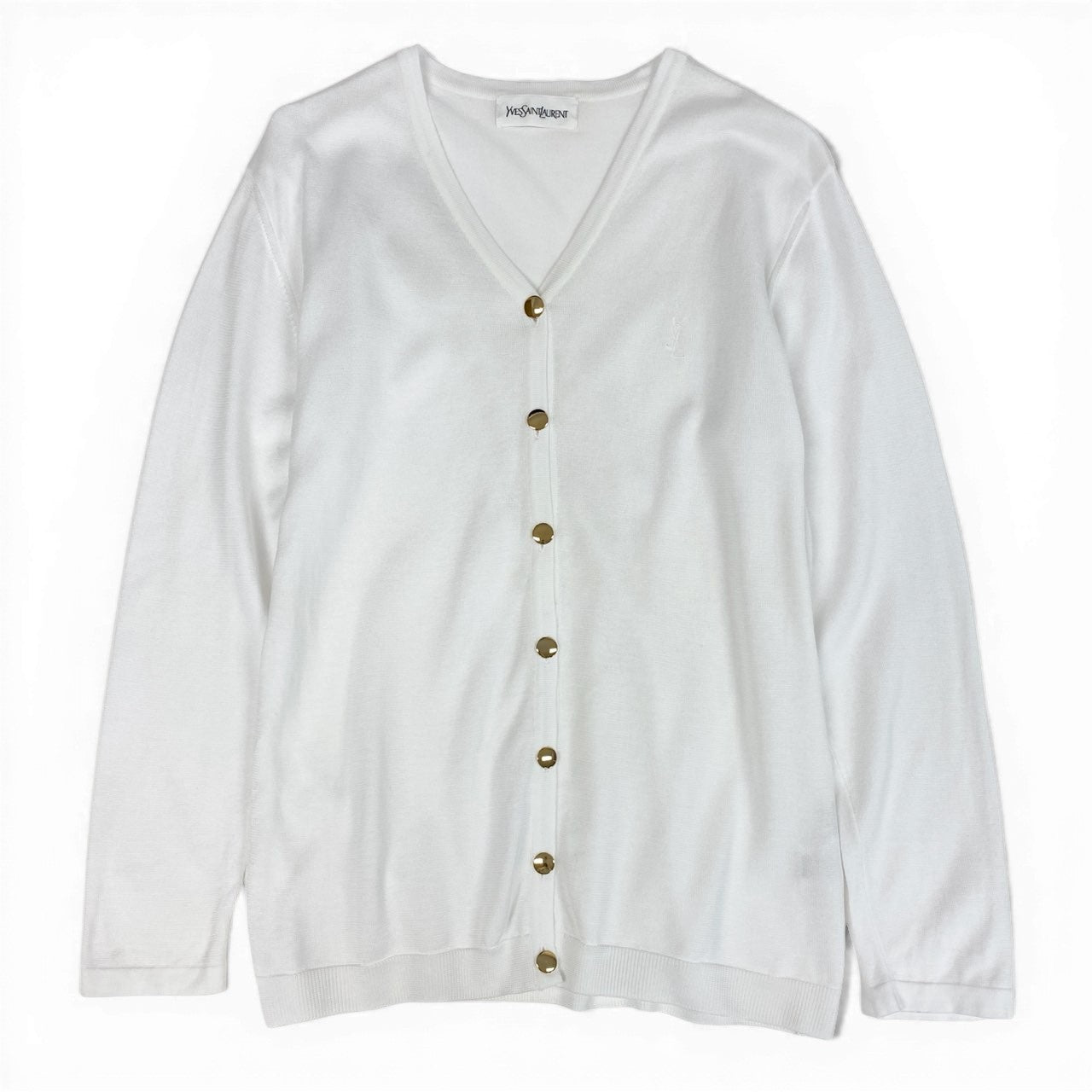 Id10 YVES SAINT LAURENT イヴサンローラン YSLロゴ Vネック ニットカーディガン トップス M ホワイト コットンu02t