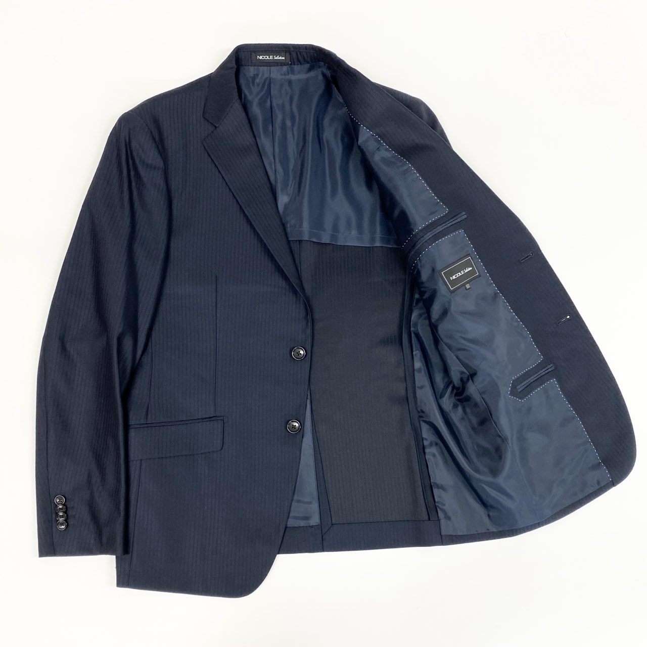 59j6 《極美品》 NICOLE Selection ニコルセレクション 大きいサイズ 3ピース スリーピース シングルスーツ 2釦 ストライプ柄 ビジネス フォーマル 52 ネイビーu02t