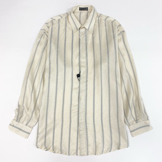 7f11 《極美品》 Gianni Versace ジャンニヴェルサーチ 総シルク 長袖シャツ とろみシャツ ストライプ バロック柄 透かし模様 イタリア製 50 アイボリー シルク100%