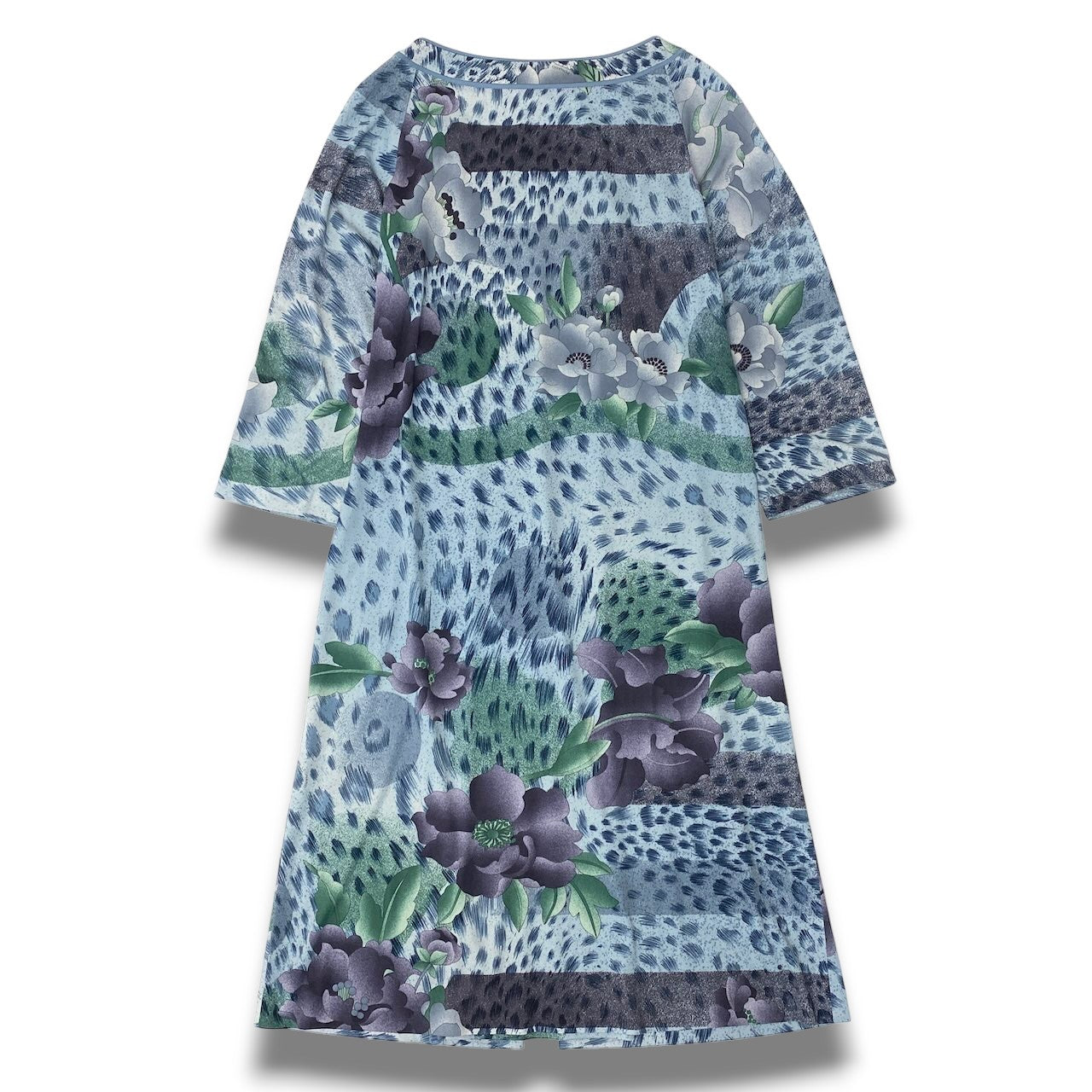 59c19 LEONARD FASHION レオナール 花柄ワンピース 膝丈 七分袖 フラワープリント カンカン素材 レディース 女性服 日本製 サイズ38 ブルー パープル グリーンu02t