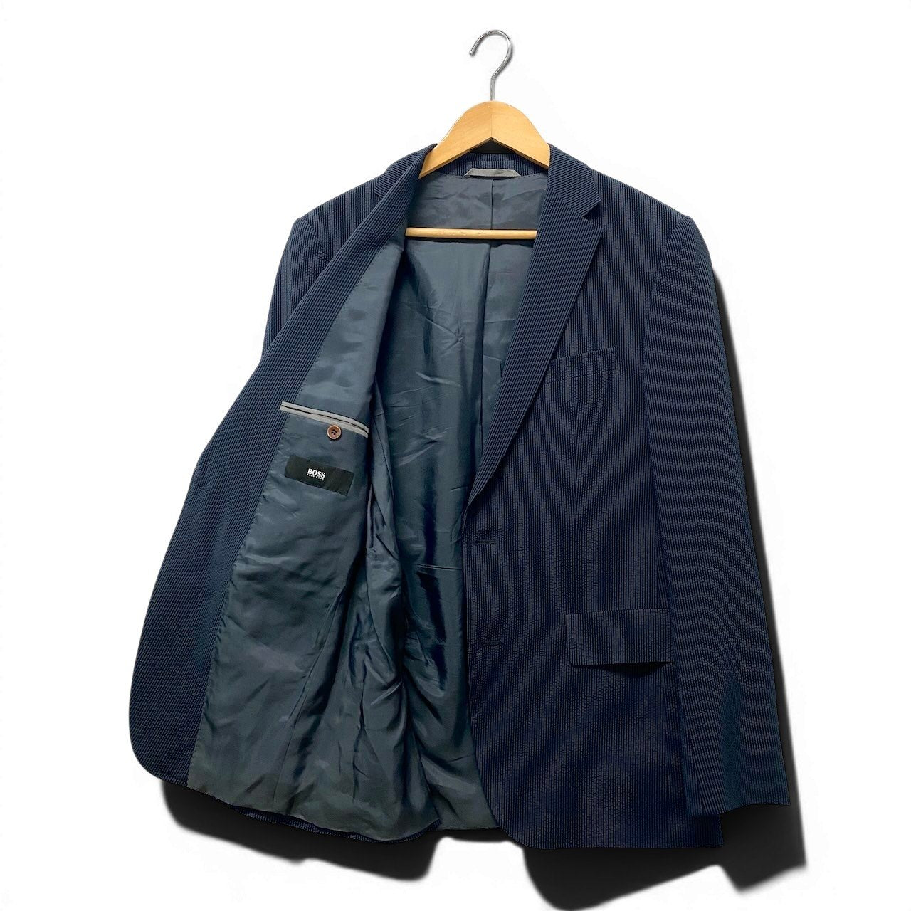 83e15 HUGO BOSS ヒューゴボス スーツセットアップ シアサッカー テーラードジャケット スラックス ストライプ 44サイズ ネイビー メンズ 男性用u02t