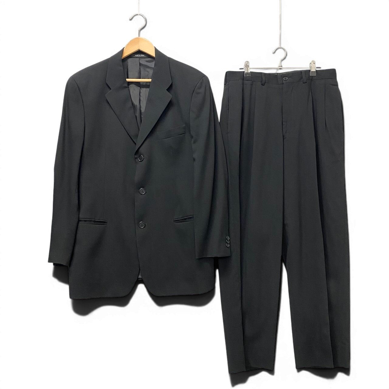 81e21 EMPORIO ARMANI エンポリオアルマーニ スーツセットアップ テーラードジャケット スラックス イタリア製 48サイズ ブラック ウール100％ メンズ 男性用u02t